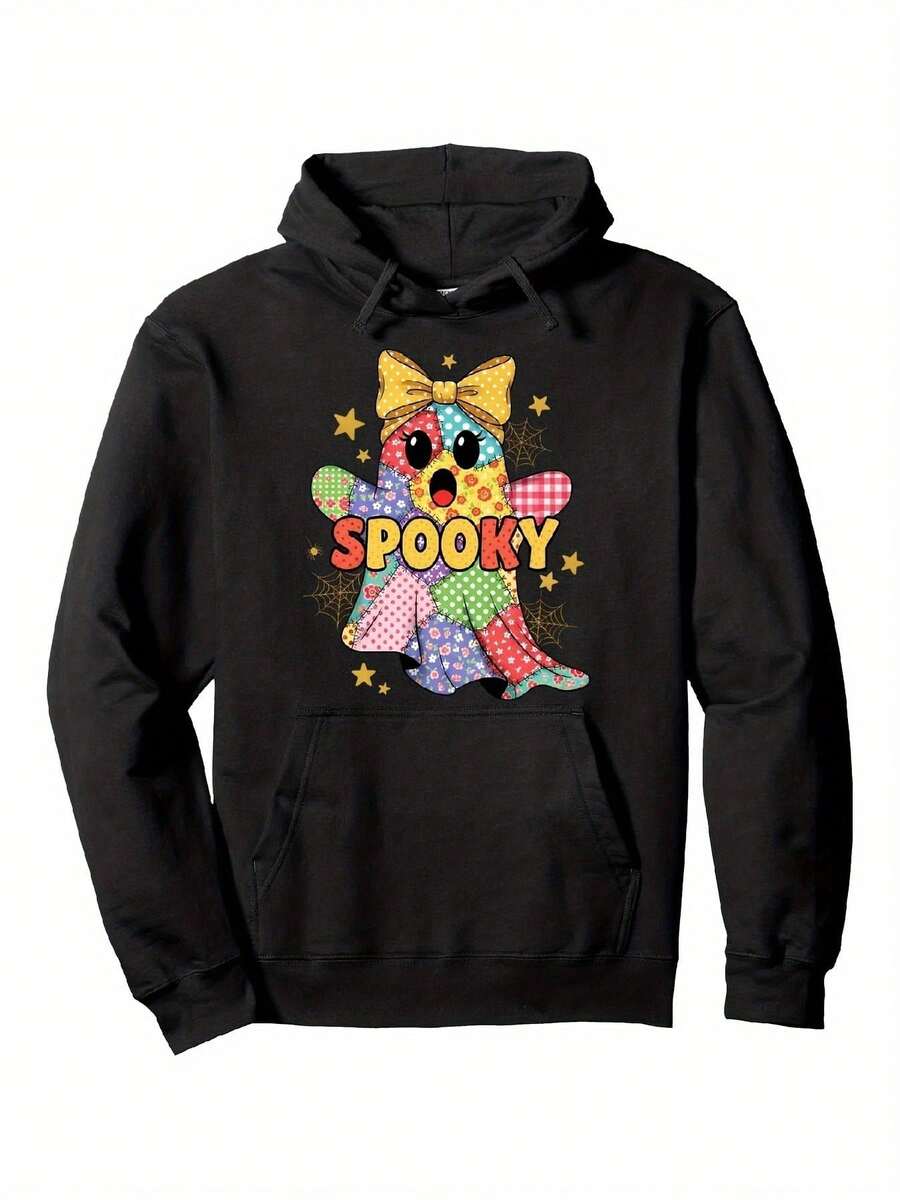 Schweres Kapuzen-Sweatshirt füränner und Frauen - SüßGeisterfledermaus-Muster und GRUSELIGE Buchstaben, dicker warmer Pullover mit Kängurutasche, Gothic-Stil Rand, geeignet für Halloween-Kostüme, Herbst- und Winter-Freizeitkleidung und Spieltag-Outfits (Unisex) - Bequeme Fa - Schwarz - Übersicht 1