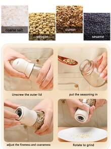 1个黑胡椒研磨器，手动家用研磨器，适用于黑芝麻、孜然、海盐、现磨黑胡椒、辣椒片，香料研磨瓶，不锈钢陶瓷芯，玻璃调味瓶 - 無色 - 查看 5