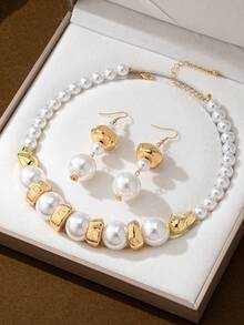 3pcs/Set Elegant Palace Style Pearl Necklace & Earrings Jewelry Set, Refined & Distinctive Design - Green - View 9