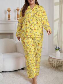 Set de 2 piezas de ropa de dormir para mujer de talla grande con estampado de pato lindo, que incluye camisa de manga larga con cuello y botones, y pantalones con cintura elástica suave. Conjunto elegante para uso diario, pijama para fiestas de vacaciones, ropa cómoda para estar en casa.