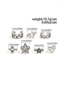 9pcs Fashionable Punk Style Crystal Star Rings Set, Adjustable For Men Casual Daily Wear - 9pcs - View 7