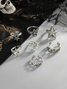 9pcs Fashionable Punk Style Crystal Star Rings Set, Adjustable For Men Casual Daily Wear - 9pcs - View 6