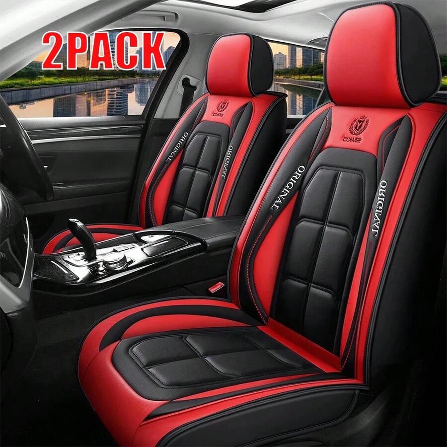 2 PACK Leather Seat Cover Universal Fit Front Seat Covers Waterproof Breathable Seat Covers Car Protector For Most Sedans SUV Pick-Up Truck (Black&Red) - 紅色 - 查看 1