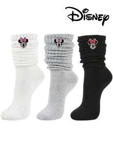 6/3/1 pares de calcetines slouch para mujer con bordado de Minnie Mouse de Disney, calcetines altos de pantorrilla cálidos y versátiles para otoño/invierno, calcetines de media pantorrilla de color liso a la moda, suaves, cómodos y transpirables, regalo de Halloween y Navidad - Multicolor - Ver 3