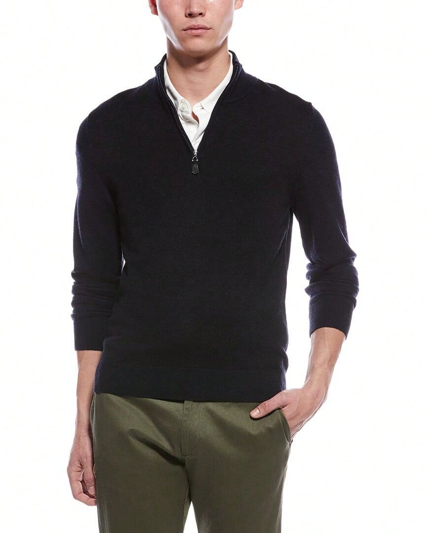 Bruno Magli Textured 1/4-Zip Merino Wool Mock Neck Sweater - Navy - 查看 1