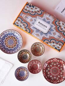 Bohemisk keramikskål, underglasyrmålad risskål, ny förtjockad keramikporslin, kan förpackas i presentask, lämplig för servering av ris, sallad, pasta, desserter, och ett idealiskt val för presenter till familj och vänner, inflyttningsfiranden. Keramiskt porslin, ugn, mikrovågsugn och diskmaskin. - Multifärgad - Visa 6