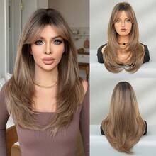 NICKY WALL Ombre Blonde Brown Wigs Long Straight Layered Wig With Curtain Bangs Dark Roots High Density Wig Heat Resistant Synthetic Fiber Wigs For Women & Daily Party Four Seasons Use 24 Inch - Brown Highlight - View 12