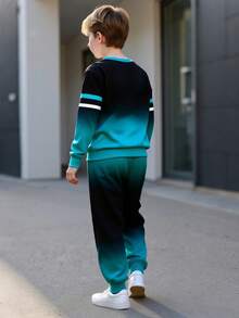2 件套青少年男童渐变色运动衫和慢跑裤套装，字母印花渐变色套头衫和锥形裤，春秋季时尚 - 藍色 - 查看 3