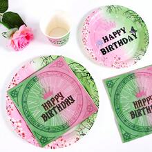 Green & Pink Crown "Happy Birthday" Disposable Plate, Napkin, Cup Set, Serves 10 Guests, Disposable Paper Plates Party Supplies Suitable For Birthday, Wedding, Party, Family Picnic - Multicolor - View 4