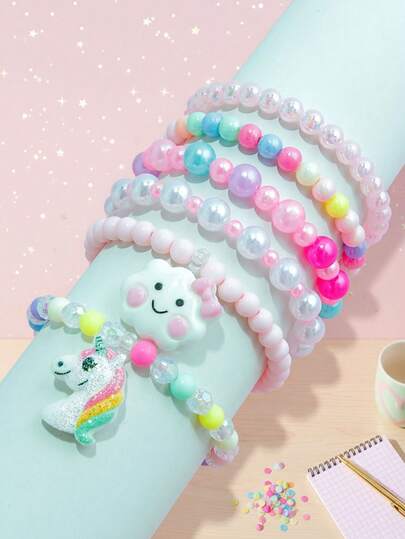 6pcs/Set Girls' Cute Unicorn & Cloud Charm Bracelet Set, Beaded Jewelry Accessories, Assorted Colors, Suitable For Girls' Party Gifts