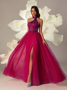 VIPGIRL Halter Neck Tulle Skirt Elegant Women's Evening Gown - Hot Pink - View 6