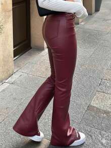 MYOURSA Wine Red Elastic PU Leather Flare Pants - Burgundy - View 4