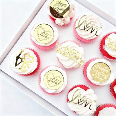 5 piezas/10 piezas/20 piezas Toppers de cupcake en forma de corazón de acrílico dorado con la frase "Feliz Día de San Valentín", adecuados para el Día de San Valentín, fiestas de boda, decoraciones de pasteles DIY