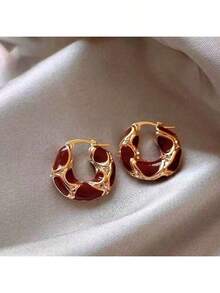 1 Pair Luxury Retro Enamel Drop Hoop Earrings, Suitable For Women To Wear Daily, Festivals, And Formal Occasions,Fashion Jewelry And Accessories - 紅色 - 查看 4