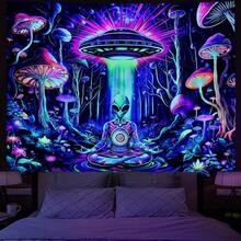 Amonercvita Blacklight Alien UFO Tapestry Neon Mushroom Floral Tapestries UV Reactive Yoga Meditation Tapestry Fantasy Forest Tapestries Wall Hanging Backdrop For Home Decor ZWH0 - 黑色 - 查看 5