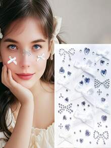 一张约171颗钻石心形蝴蝶结水钻贴纸，闪亮宝石贴纸，可用于脸部、身体、指甲，适合圣诞节、派对、节日、Y2K风格，有黄色、蓝色、红色、粉色、紫色可选。
