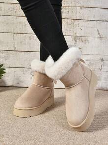 1 Pair Women's Winter Butterfly Hook And Loop Thick Plush Lining Mid-Calf Snow Boots, Fashionable And Sweet Style With Plush Details, Warm And Comfortable For Daily Wear - 米色 - 查看 2