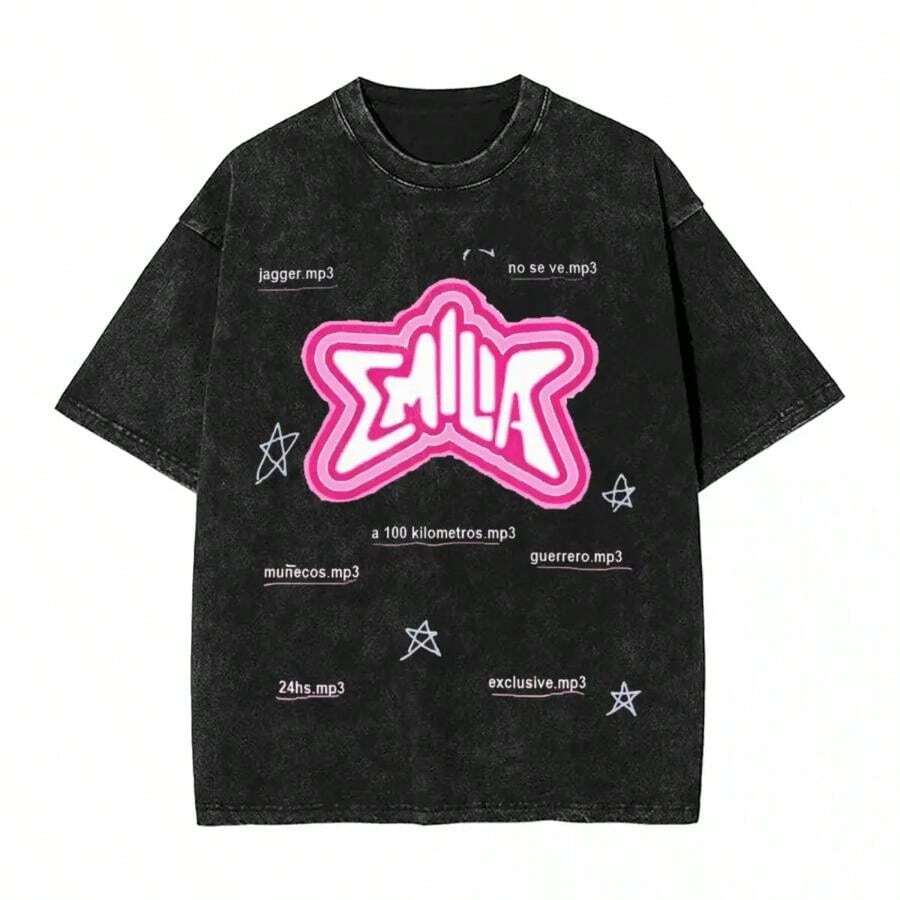 Emilia Mernes MP3 T Shirt Music Ing T Shirts Short Sleeves Y2K Funny Tops Beach Cotton O Neck Plus Size Tees - 黑色 - 查看 1