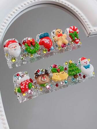 Christmas Nails 10 Pcs Duckbill Nail Shape, Sparkling Colorful Gem3D Three-Dimensional Cute Cartoon Santa Claus, Christmas Wreath, Elk, Gingerbread Man, Cute Gloves, Snowman, Christmas Tree, Bells And Other Elements, Cute And Gorgeous Nail Art
