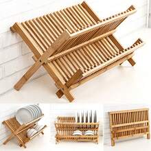 Bamboo Dish Drainer Folding 2Tiers Plate Mug Rack Stand Holder Kitchen Tidy Rack - Brown - View 4