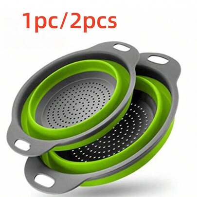 1/2件套可折叠硅胶滤锅套装，带手柄的节省空间滤网，可折叠的沥水篮，用于水果、蔬菜、意大利面 - 易于存放的绿色厨房工具，带细网的厨房滤网套装，必备厨房工具和厨房配件，家庭厨师必备的厨房工具礼物，厨房整理者的节省空间的存储空间，圣诞节厨房礼物创意
