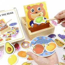1 Set Montessori Children's Food Recognition Cognitive Toy Set, Cartoon Style Presenting Various Foods And Cute Bear Figures, Includes 1 Wooden Box, 30 Food Recognition Cards, 1 Cartoon Bear Standee, 1 Strawberry Pattern Blue Tray, 1 Wooden Spoon, Helps Children Identify 30 Foods, Classify Categories, Exercise Fine Motor Skills Through Spooning, Arranging Cards In Tray - Multicolor - View 9