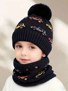 2pcsBoys' Winter Warm Hat And Scarf Set With Truck And Car Winter Adventure Patterns - Thick Knit Balaklava Hat And Brimless Beanie, Elastic For Outdoor Play, Comfortable Cold Weather Clothing, Perfect Christmas And Thanksgiving Outfit - Multicolor - View 4