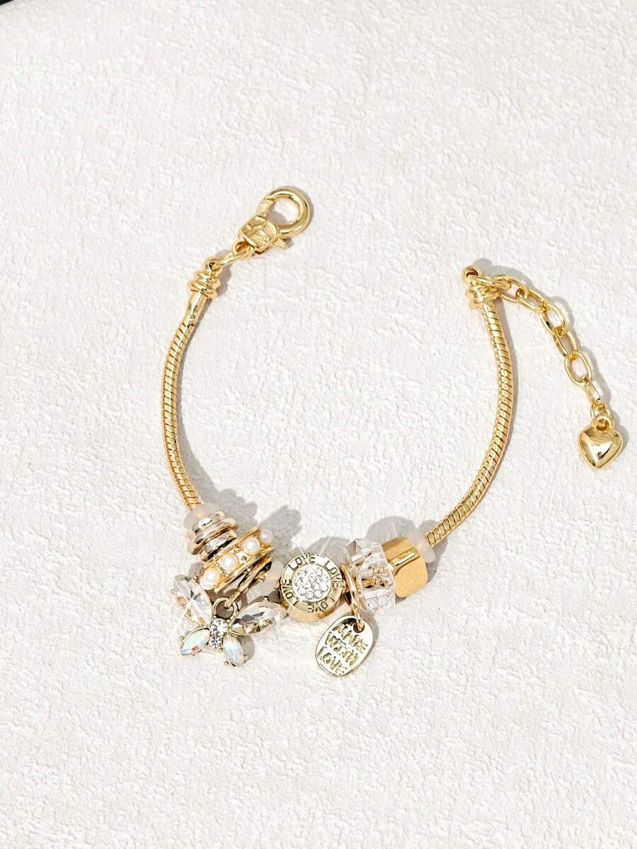1pc Women's Multi-Color Heart & Butterfly Pendant Adjustable Bracelet (Rhinestone Position Random) - White - View 1