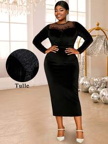 Women's Velvet Long Sleeve Black Party Bodycon Dress, Mesh Patchwork Formal Business Work Midi Dress, Suitable For Dates, Parties, Weddings, Bridesmaids, Graduations, Wedding Guests - Black - View 4
