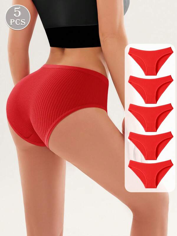 5pcs Women's Low Waist Cotton Briefs, Comfortable Stretchy Panties, Suitable For Chinese New Year Celebration