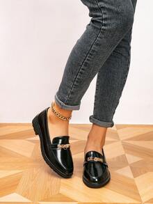 Mokasyny damskie, płaskie buty z okrągłym noskiem i metalową klamrą, damskie buty na co dzień w stylu retro, czarne buty, buty codzienne - Czarne - Zobacz 4
