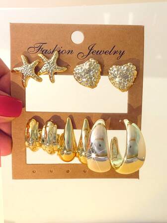 10pcs Gold-Tone Earrings Set, Suitable For Daily Wear, Gatherings, Parties, Gifts, And Matching Outfits
