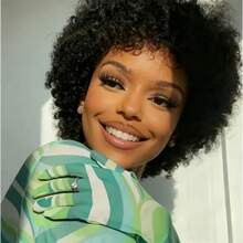 女士真人发假发，非裔卷发/蓬松发型，短款非裔基础款，无蕾丝玫瑰网帽，百搭款式，自然外观，适合所有种族