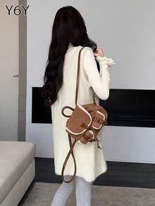 [Y6Y] 女士无袖针织A字中长连衣裙 | 可爱波西米亚风圆领迷你吊带背心连衣裙，带口袋，休闲装 - 杏色 - 查看 5