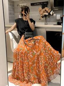 EARO 女士雪纺花卉褶皱 A 字裙，高腰宽松优雅度假休闲装，春秋季