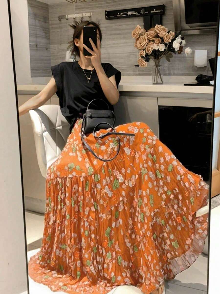 EARO 女士雪纺花卉褶皱 A 字裙，高腰宽松优雅度假休闲装，春秋季