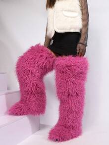 2025秋冬新款时尚大码仿羊羔毛雪地靴，保暖纯色加长雪地靴