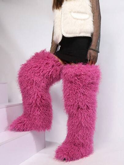 2025秋冬新款时尚大码仿羊羔毛雪地靴，保暖纯色加长雪地靴