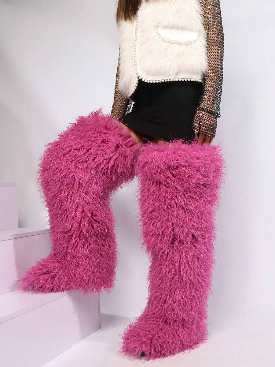 2025秋冬新款时尚大码仿羊羔毛雪地靴，保暖纯色加长雪地靴