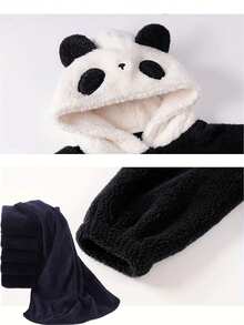 熊猫连帽睡袍，冬季保暖女士连帽长款毛绒睡袍，秋冬卡通印花涤纶睡衣，长袖，拉链，略带弹性 - 舒适毛绒角色扮演服装，理想的节日礼物，舒适的浴袍采用耐用的珊瑚绒面料制成，温暖的冬季装饰 - 彩色 - 查看 9