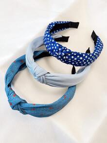 3pcs/Set Women Blue Floral & Star Solid Fabric Headband, Sweet Matching Hair Accessories, Suitable For Daily Use & Independence Day, Hair Hoop Hairband For Women, - Blue - View 5