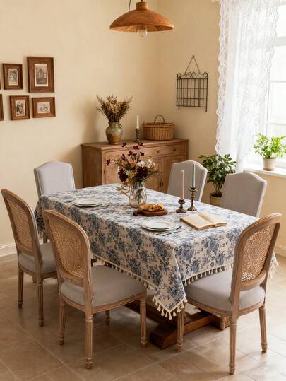 1 adet Vintage Mavi Çiçek Desenli Dikdörtgen Masa Örtüsü, Bej Püsküllü Süsleme, Yıkanabilir, Yemek Masası, Sehpa, Komodin, Çiftlik Evi, Mutfak, Oturma Odası, Parti, Piknik, Kamp, Tatil, Düğün, Ev Dekorasyonu, İlkbahar/Yaz için Uygundur