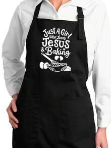 1PC Funny Christian Baker Apron Just A Girl Who Loves Baking Custom Kitchen Apron Pockets Gift Full-Length Apron, Loves Jesus Chef Apron Quote - 黑色 - 查看 1