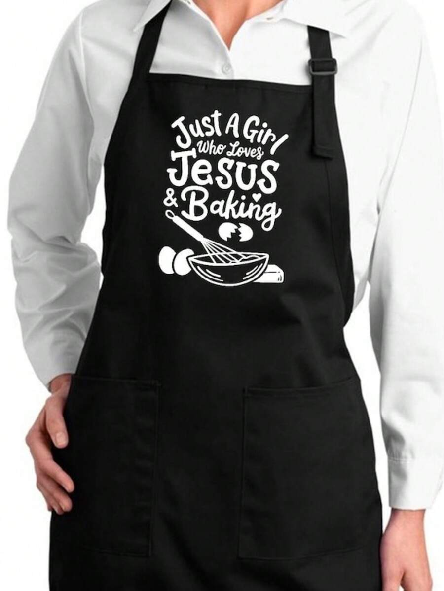 1PC Funny Christian Baker Apron Just A Girl Who Loves Baking Custom Kitchen Apron Pockets Gift Full-Length Apron, Loves Jesus Chef Apron Quote - 黑色 - 查看 1
