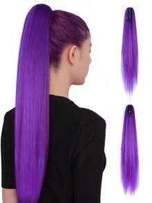 32英寸长马尾假发，长直马尾夹式爪形假发，自然逼真合成假发，女士深紫色耐热纤维夹式马尾假发 - 紫色 - 查看 2