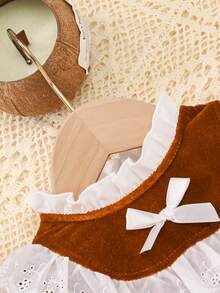 女婴碎花领长袖连体衣，婴幼儿休闲连体衣，秋冬季 - 棕色 - 查看 4