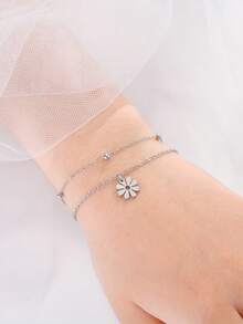 1pc Stainless Steel Women's Bow & Flower Chain Bracelet, Fashionable, Sweet And Minimalist, Suitable For Daily Wear - Bracelet - View 9