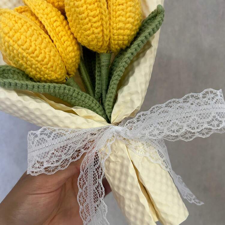 onEternal Ramo de flores de tulipán de ganchillo hecho a mano, flores eternas, decoración del hogar, regalo, ramo de festival, Día de San Valentín, Día del Padre, Día de la Madre, regalo de graduación - Amarillo - Ver 4