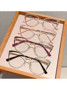 1 Pair Of Women's New Cat Eye Shaped Flat Glasses Fashionable Light Luxury Metal Frame  Retro Pink Glasses - 紅金色 - 查看 2