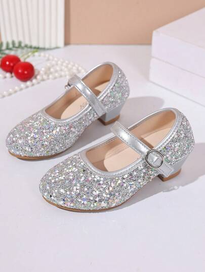 1双女童闪亮百搭公主高跟鞋，春夏舞台高跟鞋